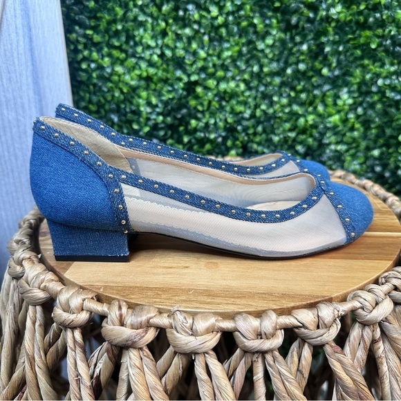 Denim gold studded mesh kitten block heel slip on - Picture 4 of 6